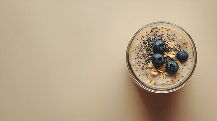 Creamy smoothie bowl topped with blueberries, chia seeds, and oats.
