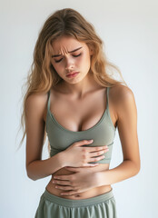 Young woman holding her stomach in pain, feeling abdominal pain or cramps. Period menstruation, women health problem, food poisoning. Created with Generative AI.