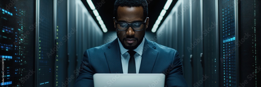 Poster man in formal attire focused on laptop in a modern server room with multiple servers around