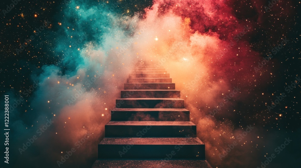 Poster stairs ascend into a vibrant nebula with colorful smoke and starry background, creating a surreal ef