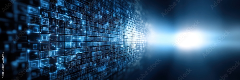 Poster dynamic streams of digital data move through a dark space, illuminated by bright light sources