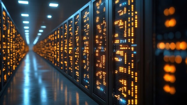 Rows of glowing server racks illuminate the data center during a busy processing period