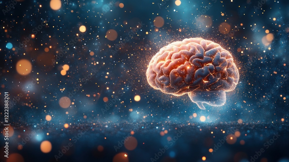 Aufkleber a glowing brain in a cosmic scene sparkles with particles, symbolizing intellect and inspiration