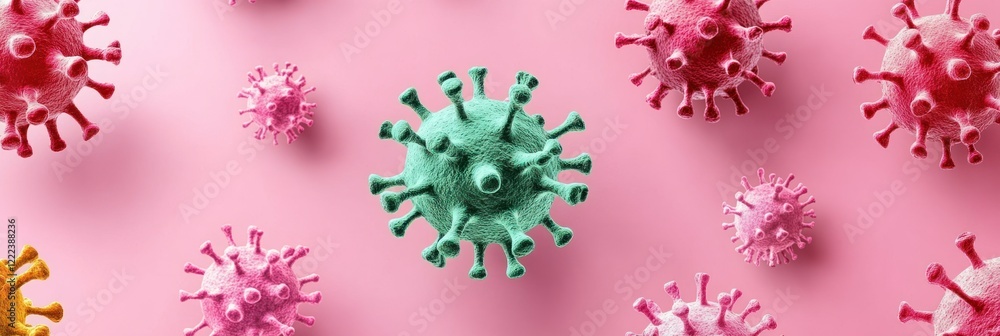 Poster various colorful virus models display their unique shapes on a pink background under bright lighting
