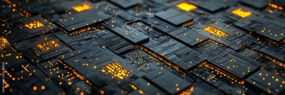 Poster intricate circuit board with illuminated components showcases advanced technology in a dark setting