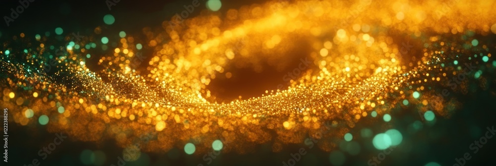 Poster swirling golden and teal particles create a captivating visual effect against a dark backdrop