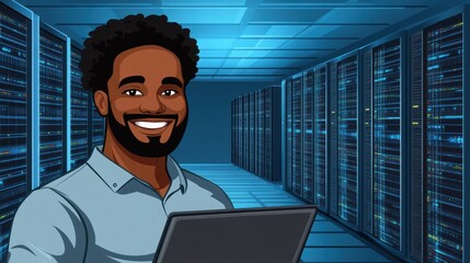 Technician smiles while holding a laptop in a cutting edge data center filled with servers
