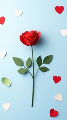 Romantic red rose with scattered hearts on pastel background
