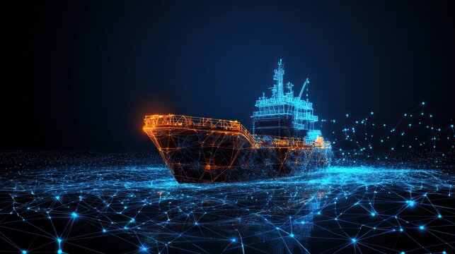 Advanced cargo ship is surrounded by glowing digital connections against a dark ocean backdrop