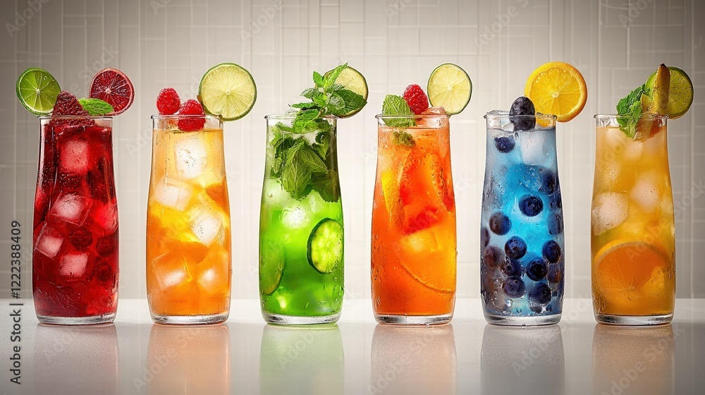 Poster vibrant refreshing pitchers of colorful drinks on bar counter