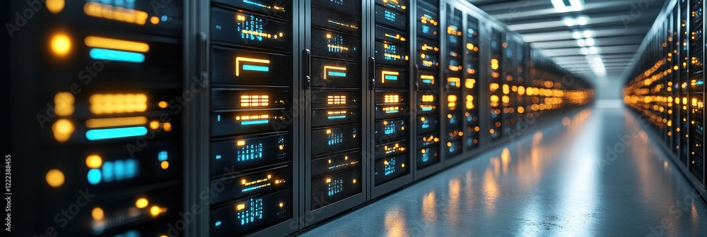 Poster rows of illuminated servers are lined up in a data center, creating a vibrant and high tech atmosphe