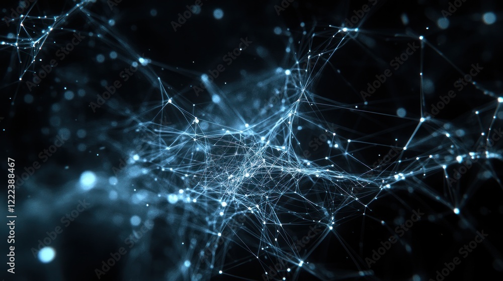 Poster interconnected nodes create a dynamic network glowing against a dark backdrop, illustrating complexi