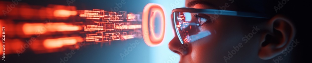 Poster Futuristic Data Encryption Visual Close-Up of Person Engaging with Holographic Interface Featuring Glowing Red Locks - Digital Security and Tech Marketing for Urban Professionals