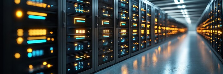 Naklejka premium Rows of illuminated servers are lined up in a data center, creating a vibrant and high tech atmosphere