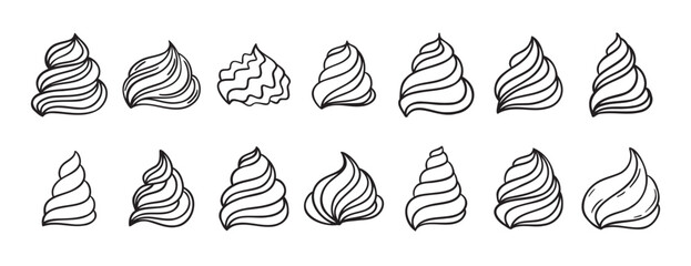 Cream for cakes or for ice cream doodle hand drawn icon set. Outline drawing cream for cakes or for ice cream line clipart symbol collection