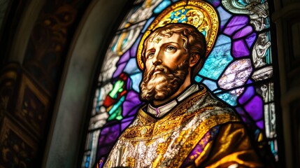 Naklejka premium Intricate stained glass window depicting St. Ambrose, surrounded by vibrant colors and sacred imagery in a church setting
