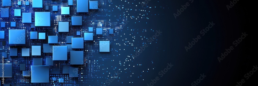 Poster vibrant blue squares form a dynamic pattern on a dark background, reflecting modern tech