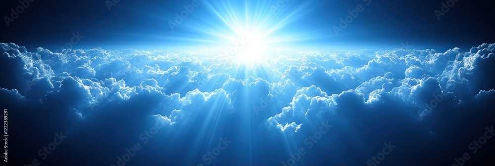 Poster light radiates from the sky, illuminating fluffy clouds and creating a peaceful view above