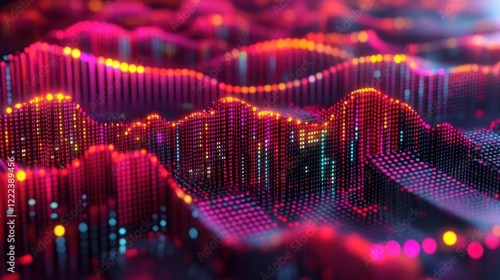 Poster colorful wave patterns illustrate dynamic data in a futuristic digital landscape filled with lights