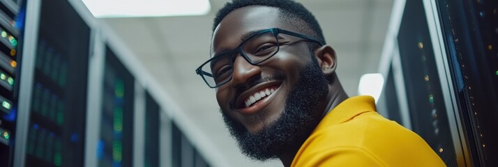 IT technician enjoys working in a data center while managing server equipment and technology