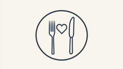 Cutlery with heart on a plate for eating, food love concept