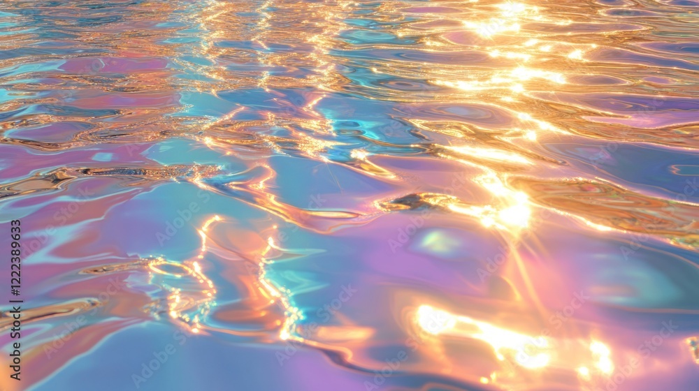 Poster sunlight dances on the water surface, creating mesmerizing reflections in various colors at dusk