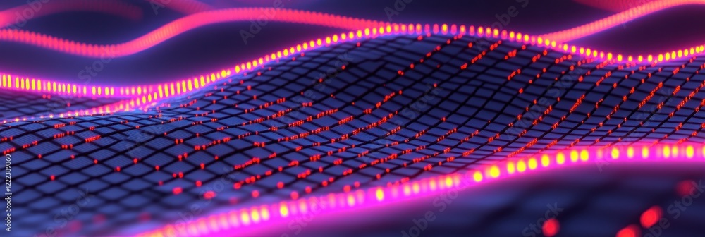 Poster dynamic waves of light ripple across a grid like surface, creating an immersive digital atmosphere