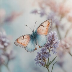 A butterfly with shimmering pastel tones of peach, lavender, and baby blue on white.