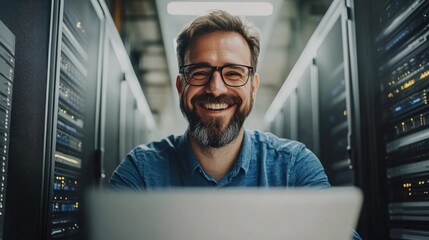 Technician enjoys his work in a high tech data center filled with servers and equipment