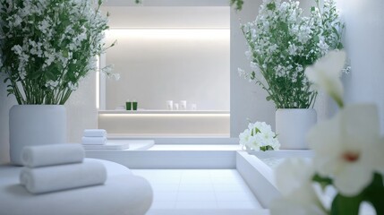 Minimalist spa room with white towels and flower decorations creating a clean, peaceful environment