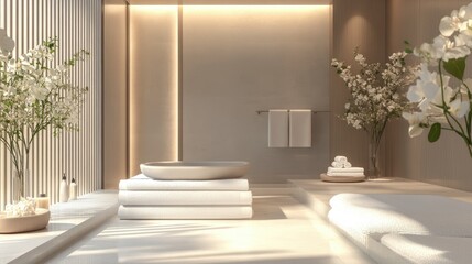Minimalist spa room with white towels and flower decorations creating a clean, peaceful environment
