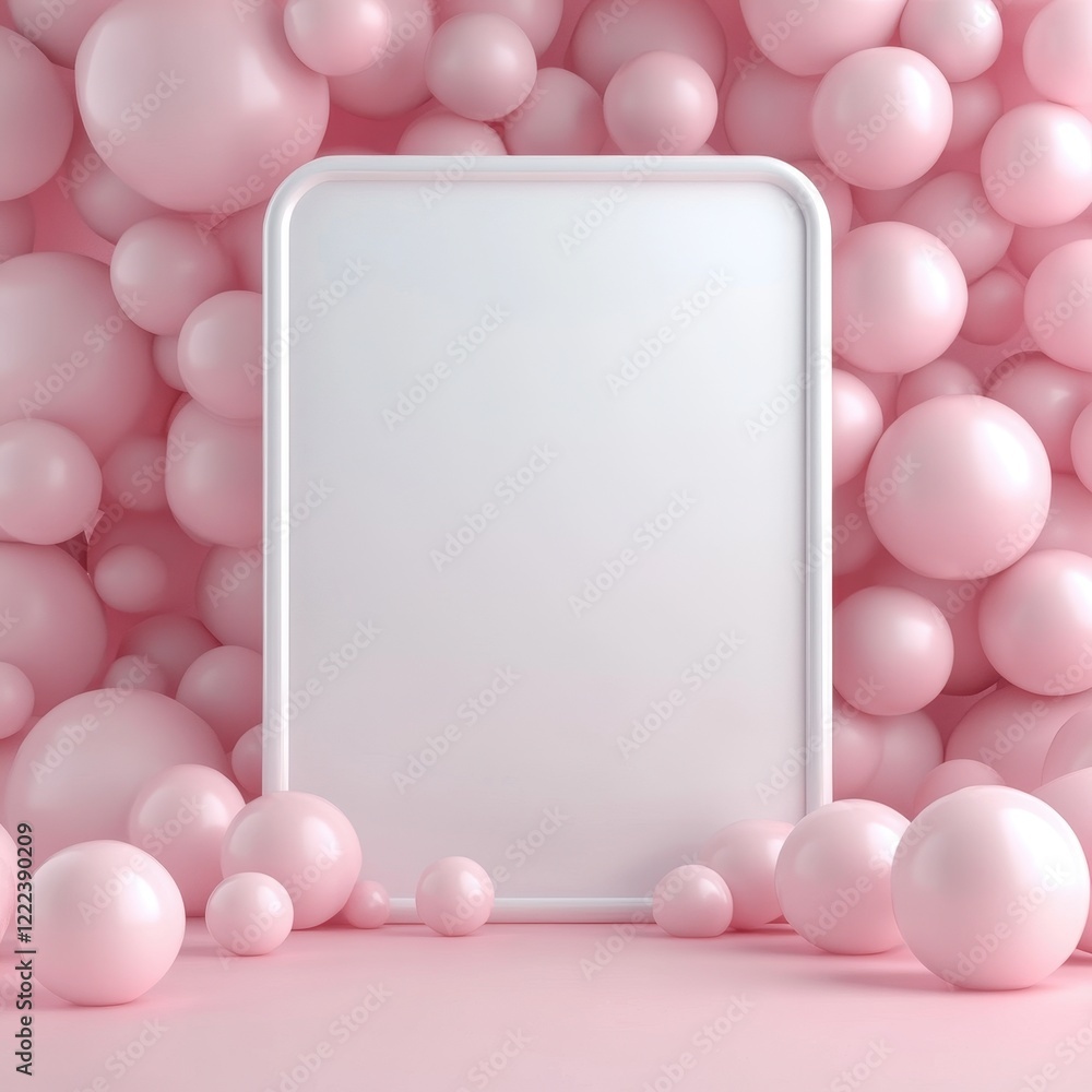 Poster soft pink background with spheres and a blank frame for design or text.