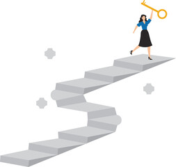 Businesswoman winner walks up to the top of stairway lifting golden success key to the sky