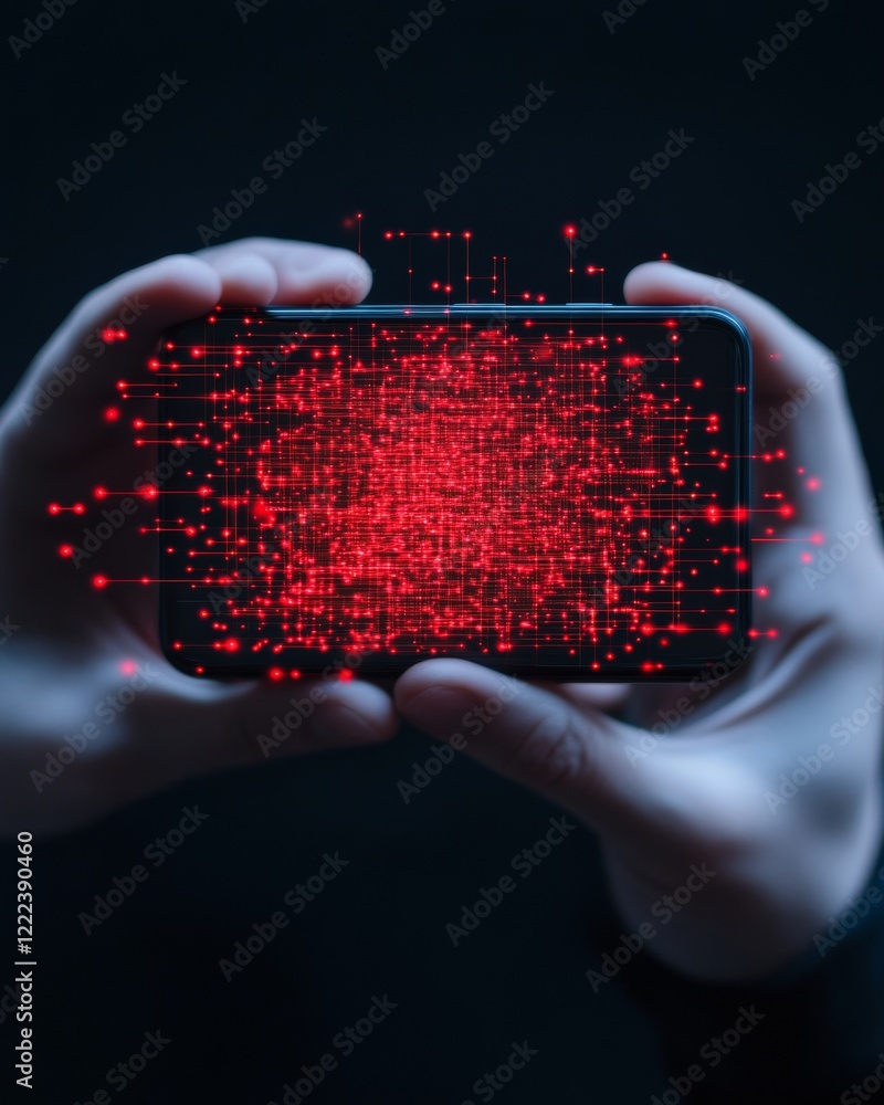 Poster futuristic tech display smartphone with red digital network grid overlay, seamless connectivity insi
