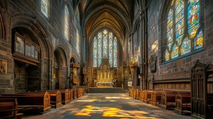 Fototapeta premium Morning sunlight pierces intricate stained-glass designs in a historic cathedral, illuminating the quiet interior.