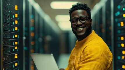Man in a yellow sweater smiles while working on a laptop in a busy server room filled with equipment