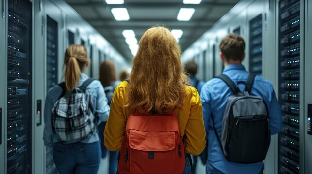 Group of students tour a data center to gain insights on data management and technology systems