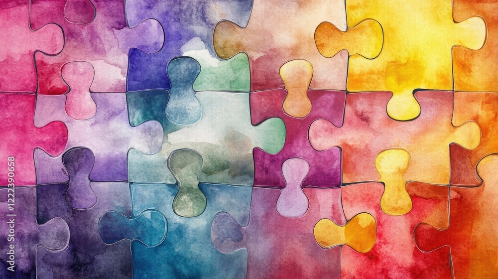 Aufkleber multicolored watercolor puzzle design symbolizing teamwork and connection in abstract art