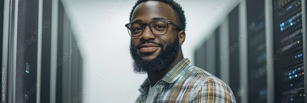 Poster man with a beard and glasses smiles while standing among server racks in a data center