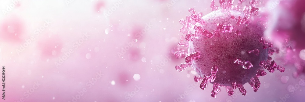 Poster close up view of pink viruses suspended in a soft focus environment suggesting a pathogen landscape