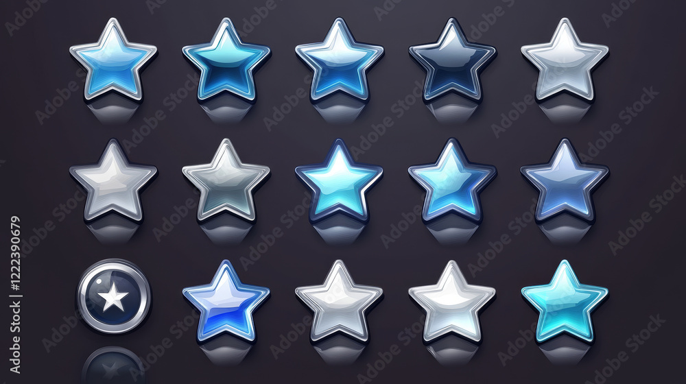 Poster game icon of rating star colored in blue and silver. vector sprite sheet with button changes color. 