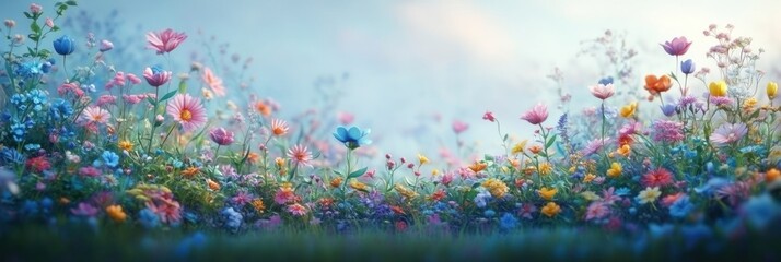 Vivid flowers of various colors flourish in a sunny field, creating a serene and vibrant atmosphere