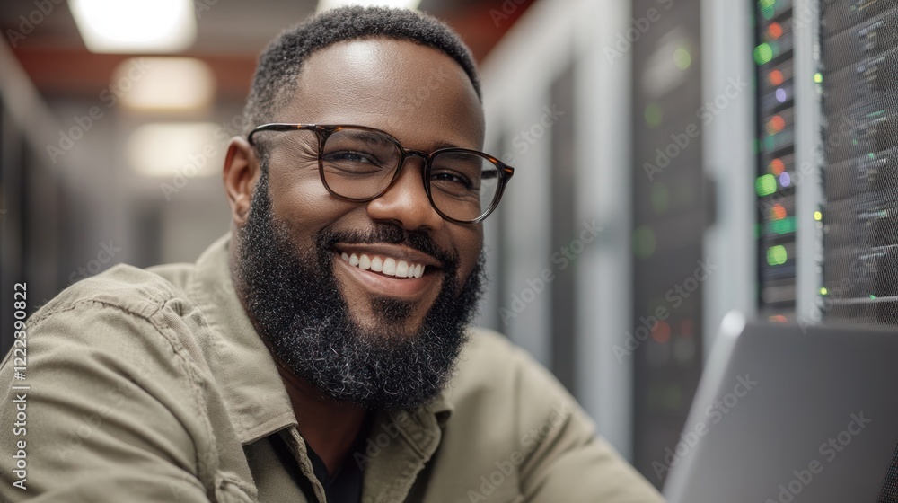 Poster technician with glasses and beard smiles while using laptop in a data center filled with servers