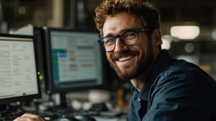 Fototapeta premium Man with curly hair and glasses enjoys working at his desk surrounded by technology