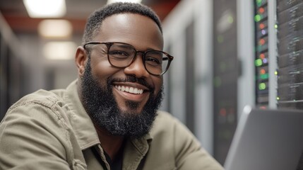 Technician with glasses and beard smiles while using laptop in a data center filled with servers