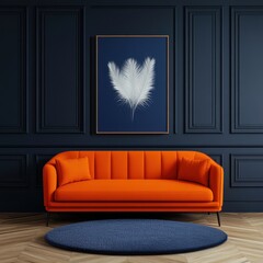 Stylish living room featuring an orange sofa and modern art against a dark wall.