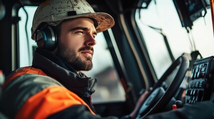 A close-up of a crane operator's face in the control cabin, overseeing operations on a construction site, Crane operation scene