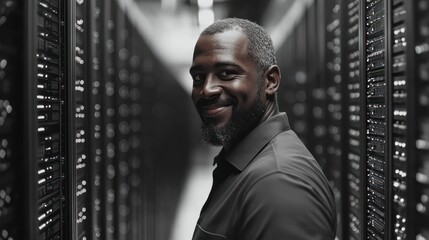 A man stands in a dimly lit data center smiling while surrounded by rows of server racks