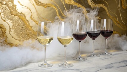 Wine Tasting Extravaganza: A tantalizing tableau of four wine glasses, two white and two red,  set against a backdrop of swirling dry ice and  a luxurious, marbled surface.