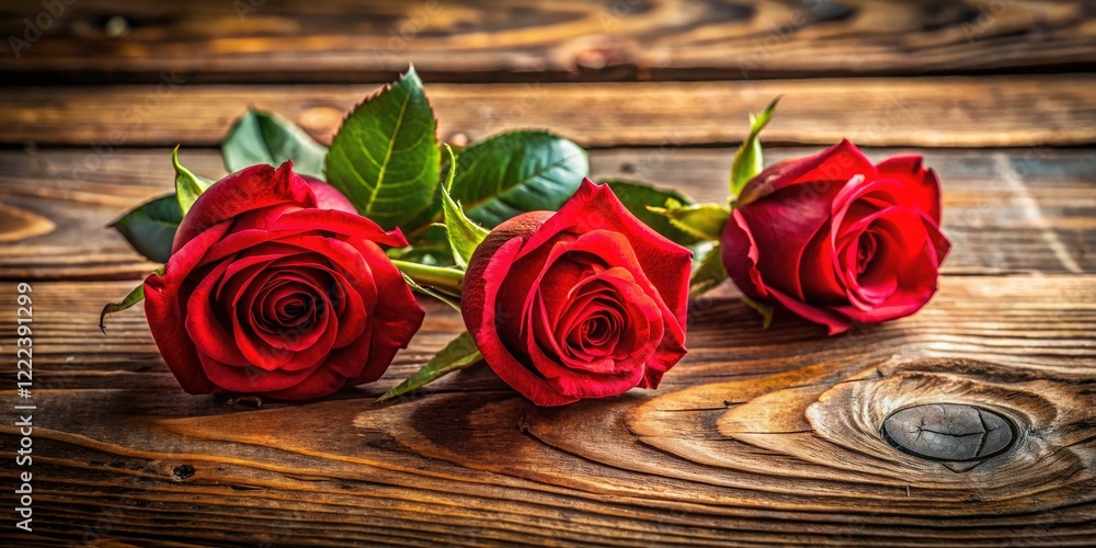 Wall mural A rustic wooden backdrop showcases the exquisite beauty of newly blossomed red rosebuds.